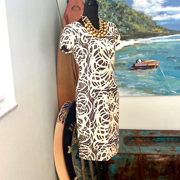 Jaeger, 100% Silk Brown & Ivory Abstract Sheath Dress – Excellent Cond., Size 6 - Picture 7 of 11